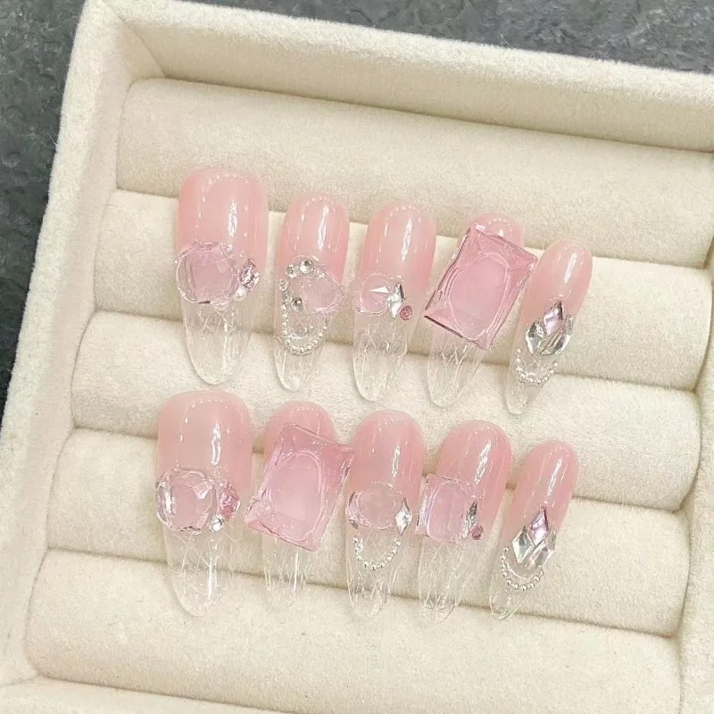 10szt Ręcznie robiony manicure Różowe diamenty Naciśnij na paznokcie, aby przykleić przezroczyste końcówki do paznokci Długie kwadratowe naciśnij na paznokcie Koreańskie sztuczne paznokcie 2025