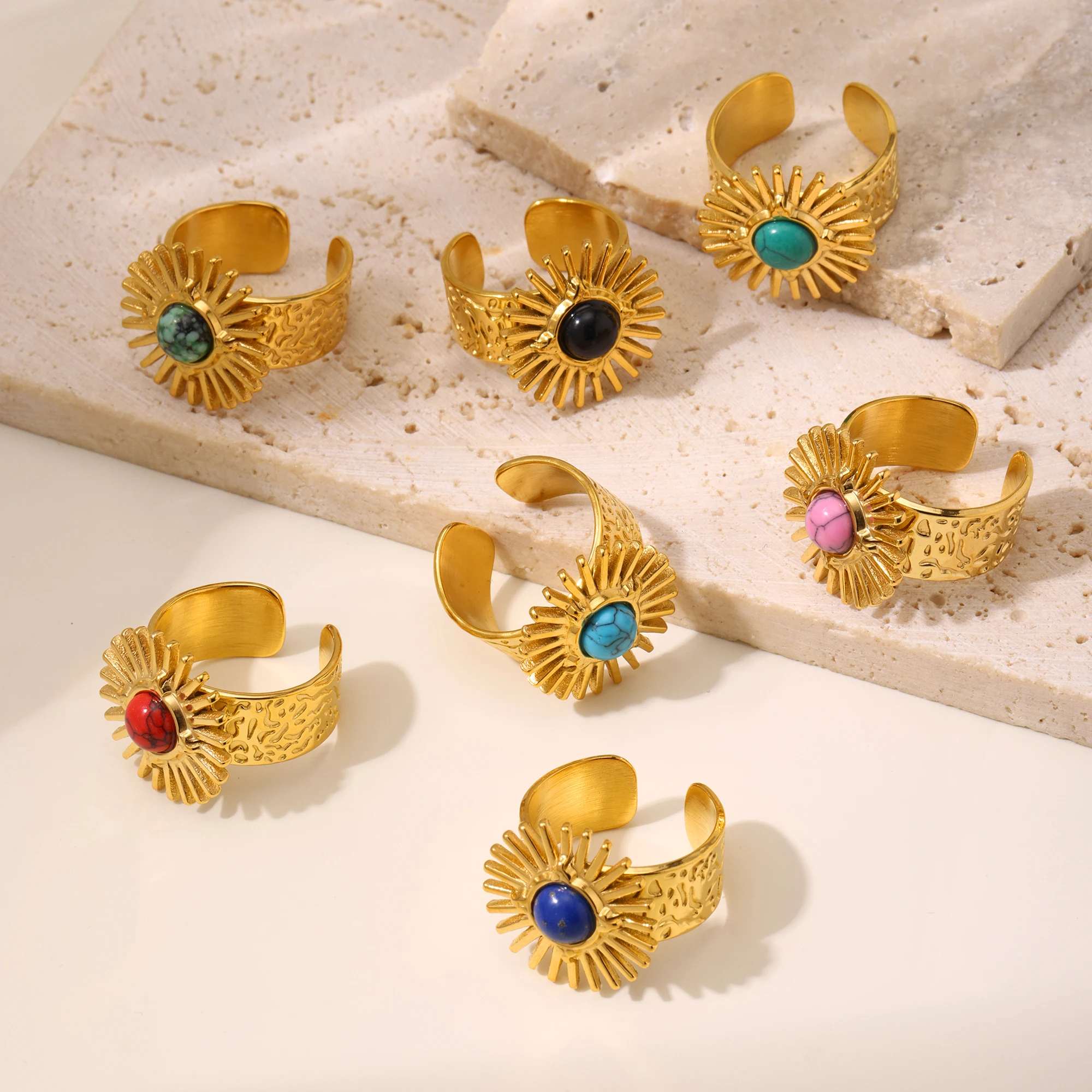 ธรรมชาติ Turquoise แหวนสแตนเลสผู้หญิง Gold Plated Vintage Sun สไตล์แหวนเครื่องประดับของขวัญ