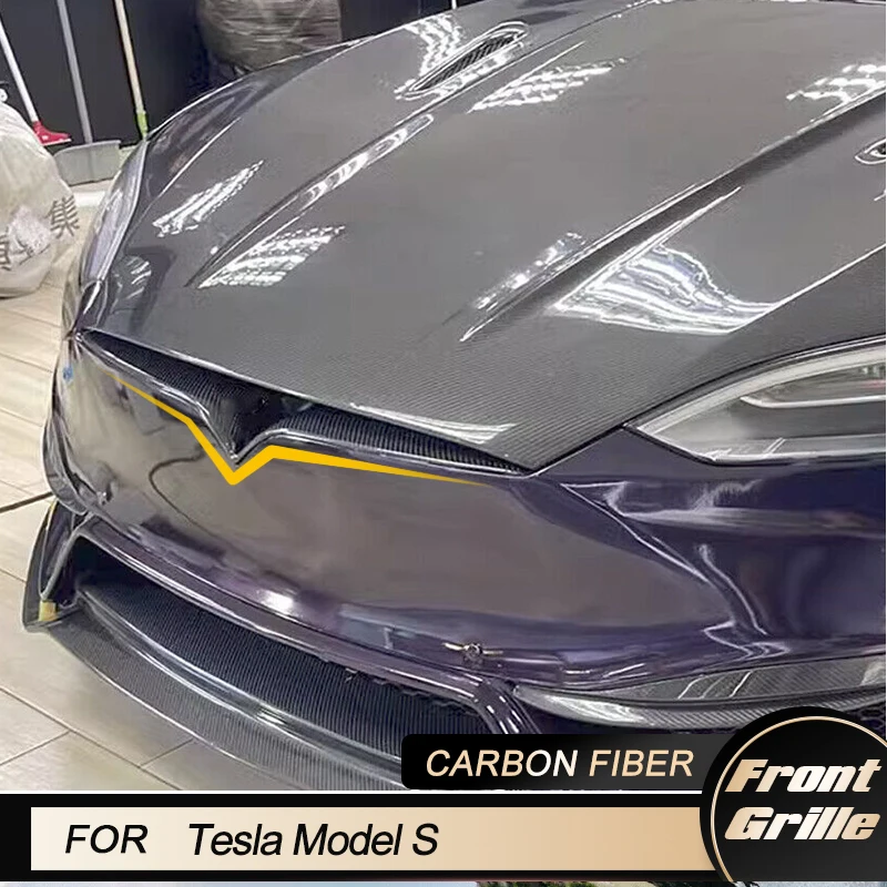 Front Middle Grill for Tesla Model S 75D 85D 2016-2019 Front Bumper Mesh Strips Grille Covers Trims Car Accessories Carbon Fiber