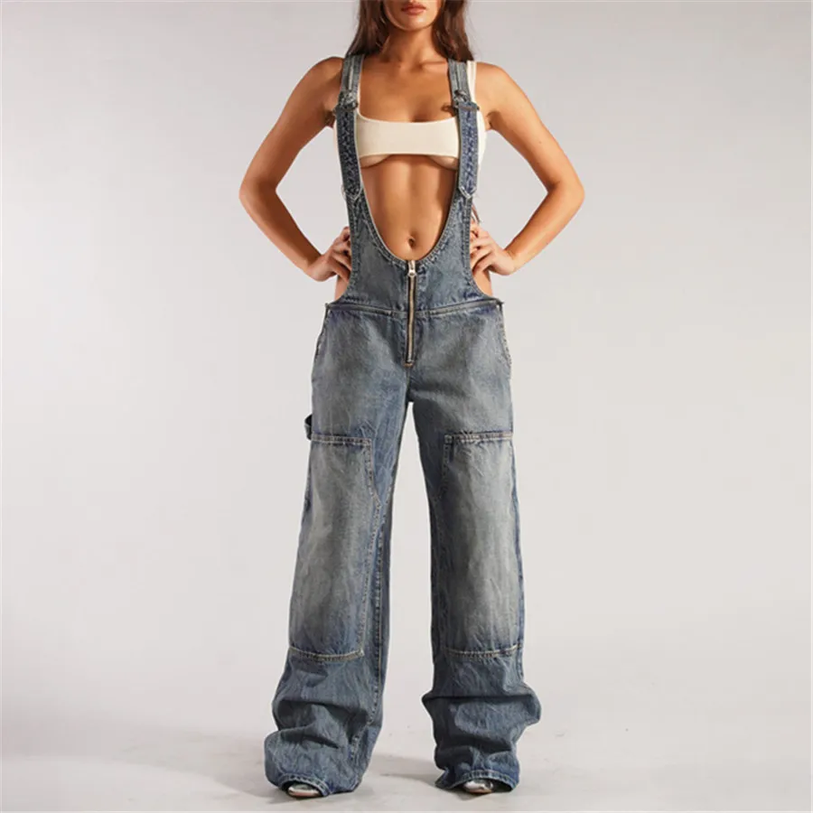 

Женские джинсовые комбинезоны с нагрудником, повседневные джемперы без рукавов с v-образным вырезом и регулируемыми бретелями, свободные мешковатые джинсовые комбинезоны-карго, джемперы Y2K с карманами