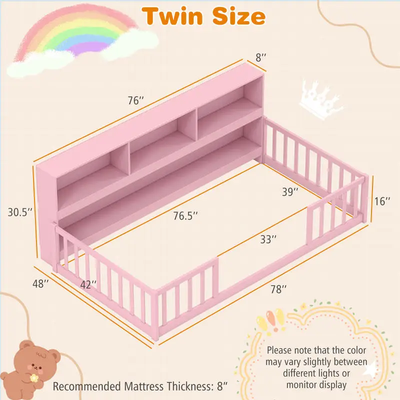 

Twin Size Montessori Floor Bed with Bookcase-Pink