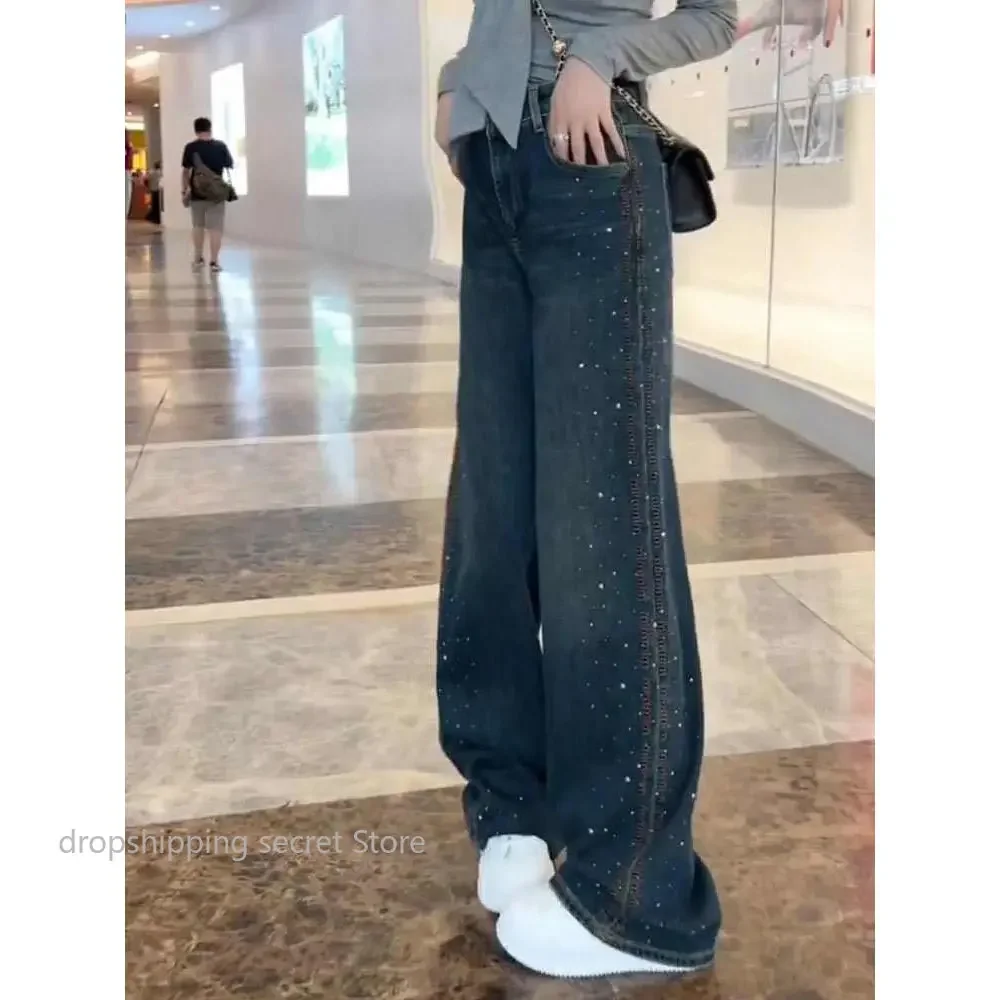 Retro Heavy Industry Diamond Hot Stamping Jeans for Women's Autumn Winter  High Waist Loose Slimming  Wide Leg Floor Pants