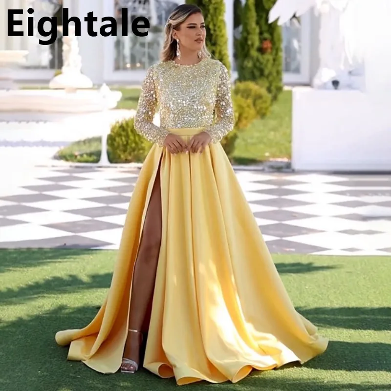 

Eightale 2024 Satin A Line Yellow Evening Dresses For Wedding Sparkle Sequin Slit Long Sleeve Formal Prom Dress Dubai Party Gown