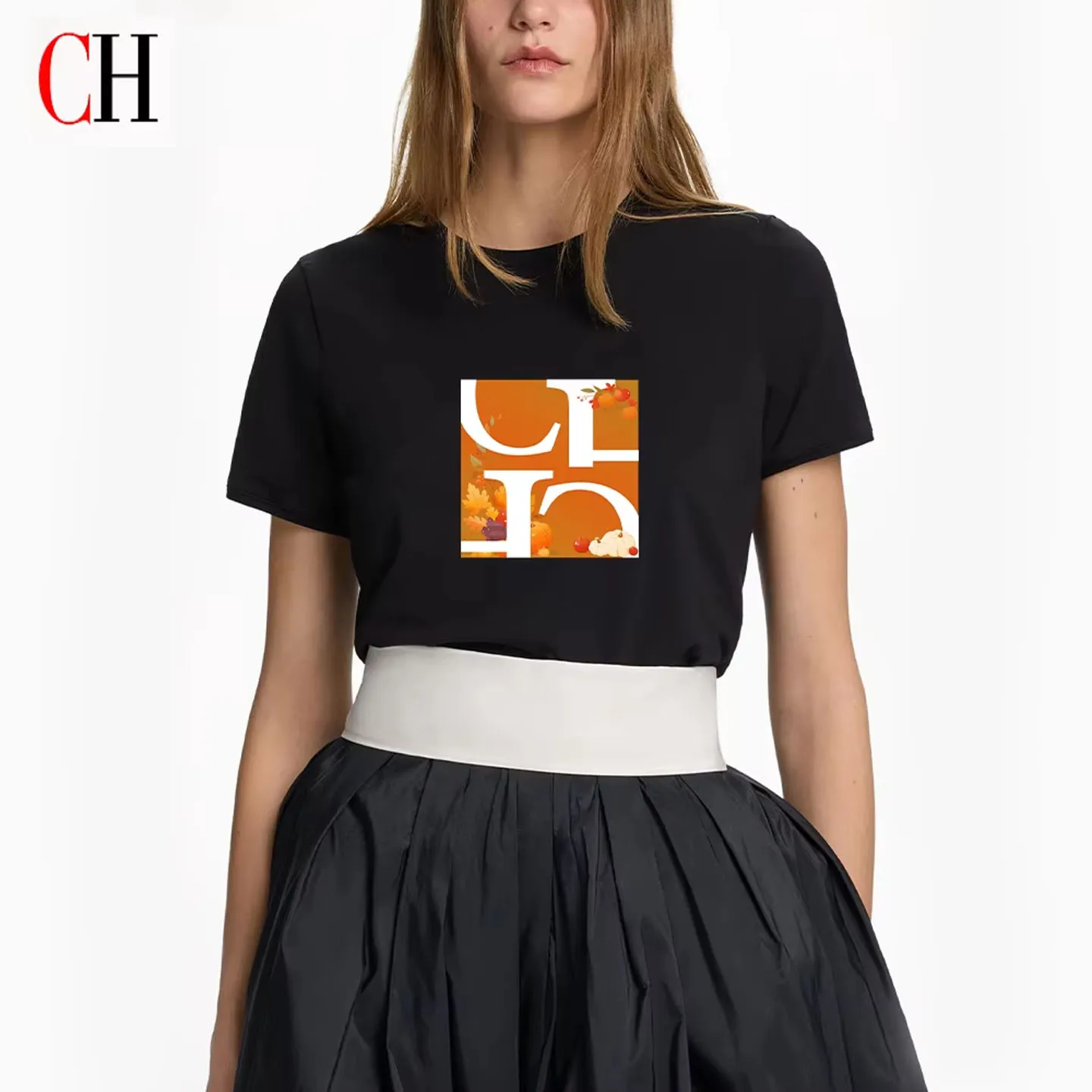 CH Women's Autumn Graphic Print T-Shirt Short Sleeve Crew Neck Casual Loose Tee Fashion Streetwear Top