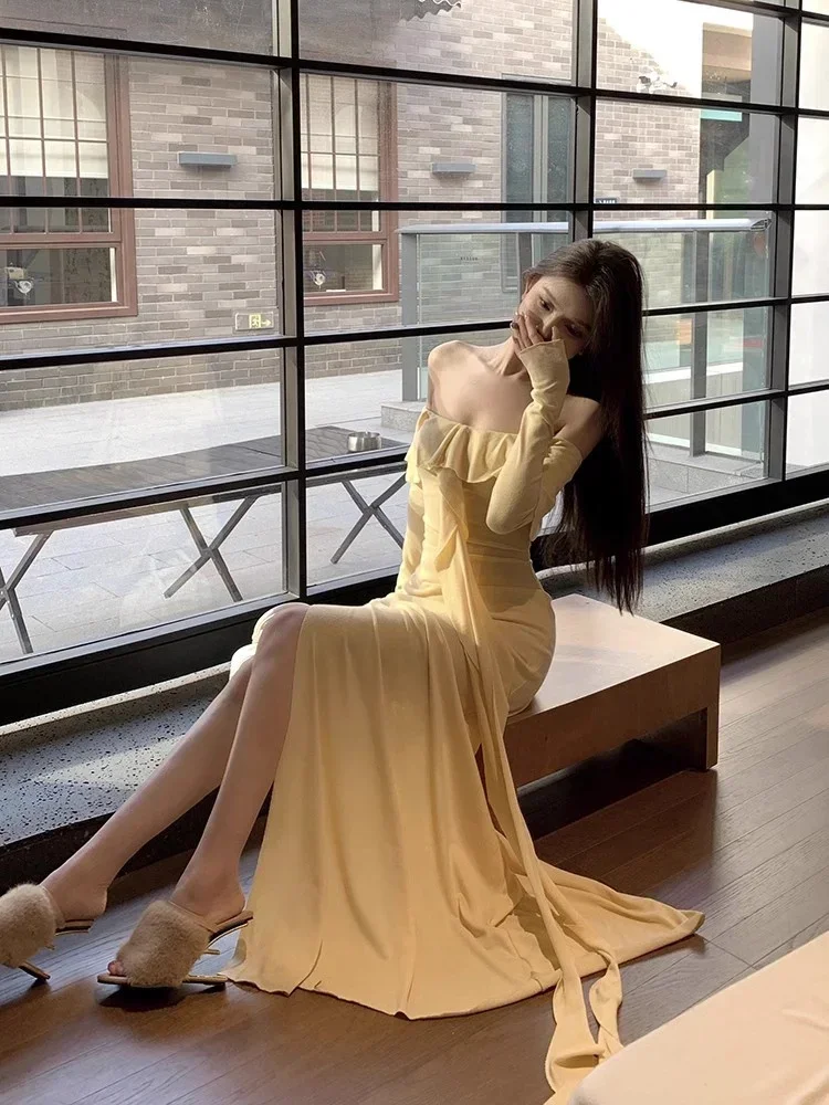 Robe longue fourreau à manches longues pour femmes, robe fendue pour dames, col slash drapé, robe éducative, à la mode, nouveau, printemps