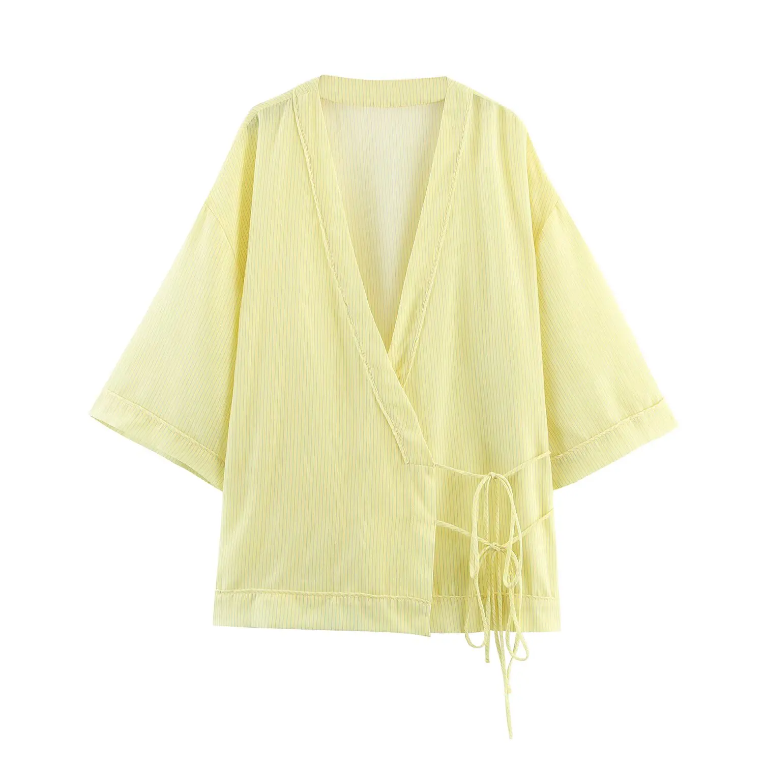 

BSK&TRAF2025 women's summer new style lace-up bow casual loose striped V-neck half-sleeved kimono-style coat