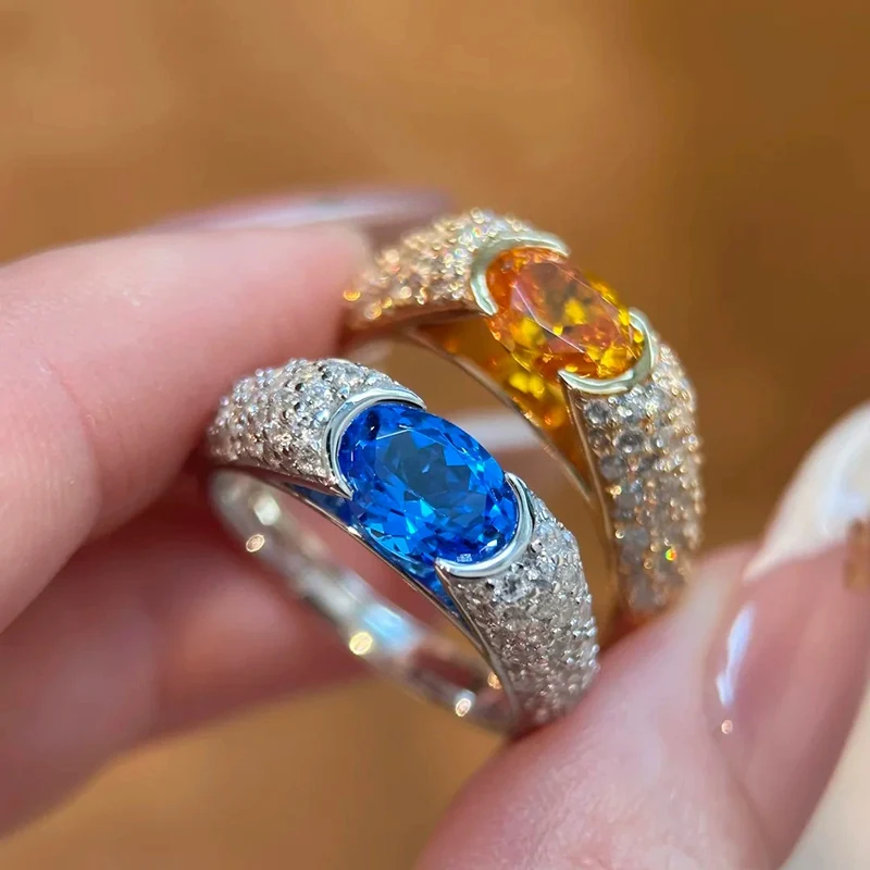 Light Luxury Fashion Yellow Zircon Starry Sky Holy Grail Ring High-end feel Full Zircon Crystal Blue Rings for Women KOFSAC