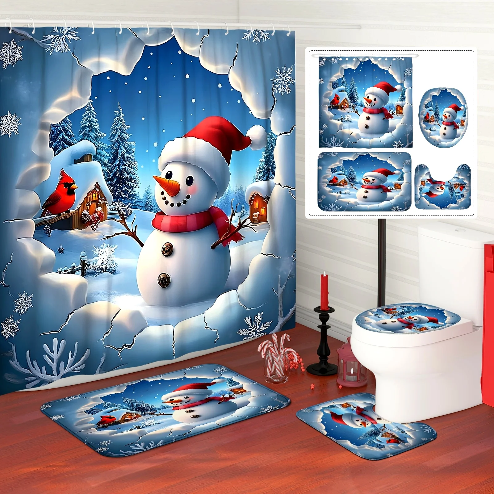 4pcs Christmas Snowman Cardinal Shower Curtain Set, Cute Red Blue Xmas Bathroom Decor , Non-Slip Mat & U-Shape Toilet Cover