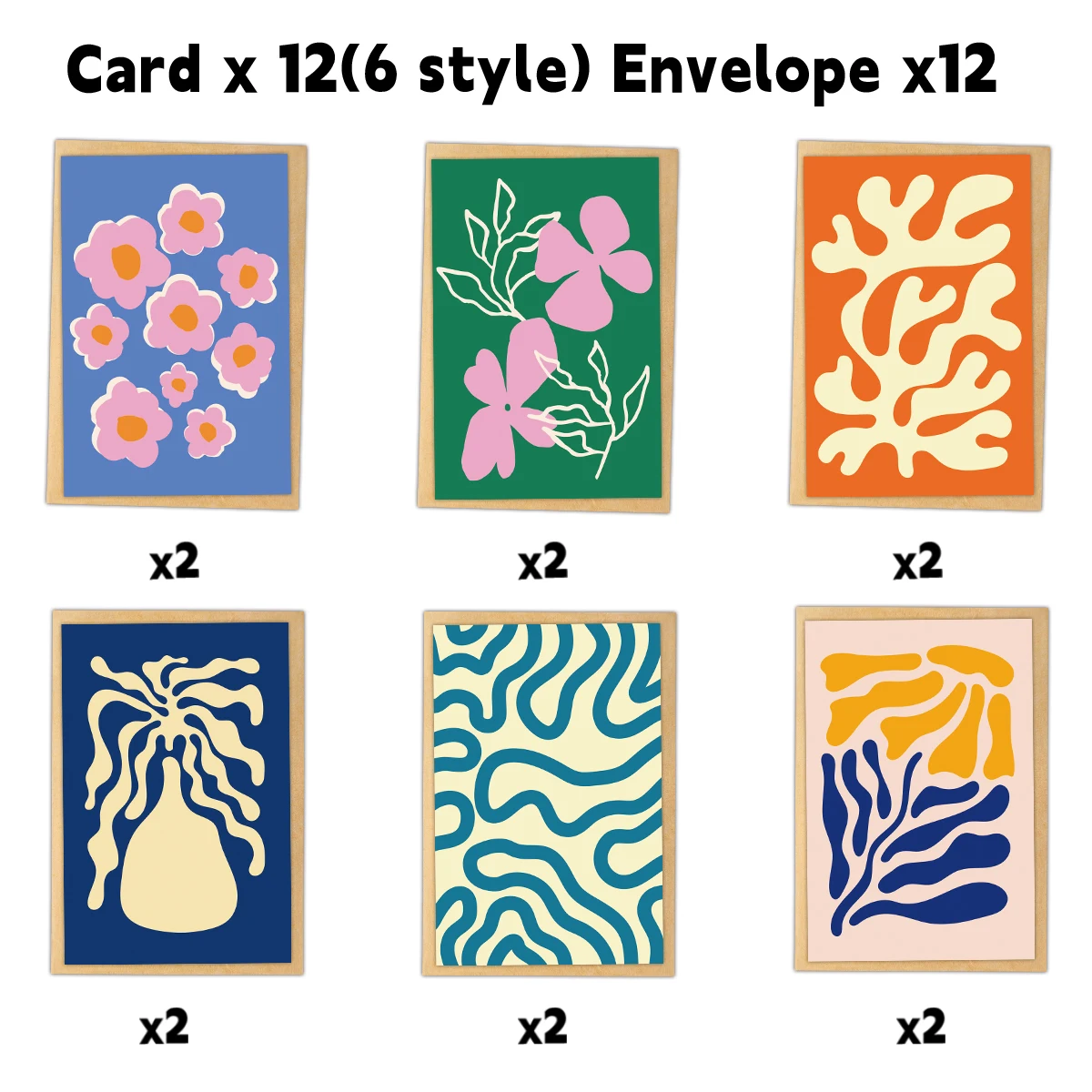 12 Stück abstrakte Linienkunst-Grußkarten mit Umschlägen – Blumenmuster, Welle, Vasen-Design, leere Karten für Geschenke, Geburtstag, Hochzeit, Danke – Detail 1