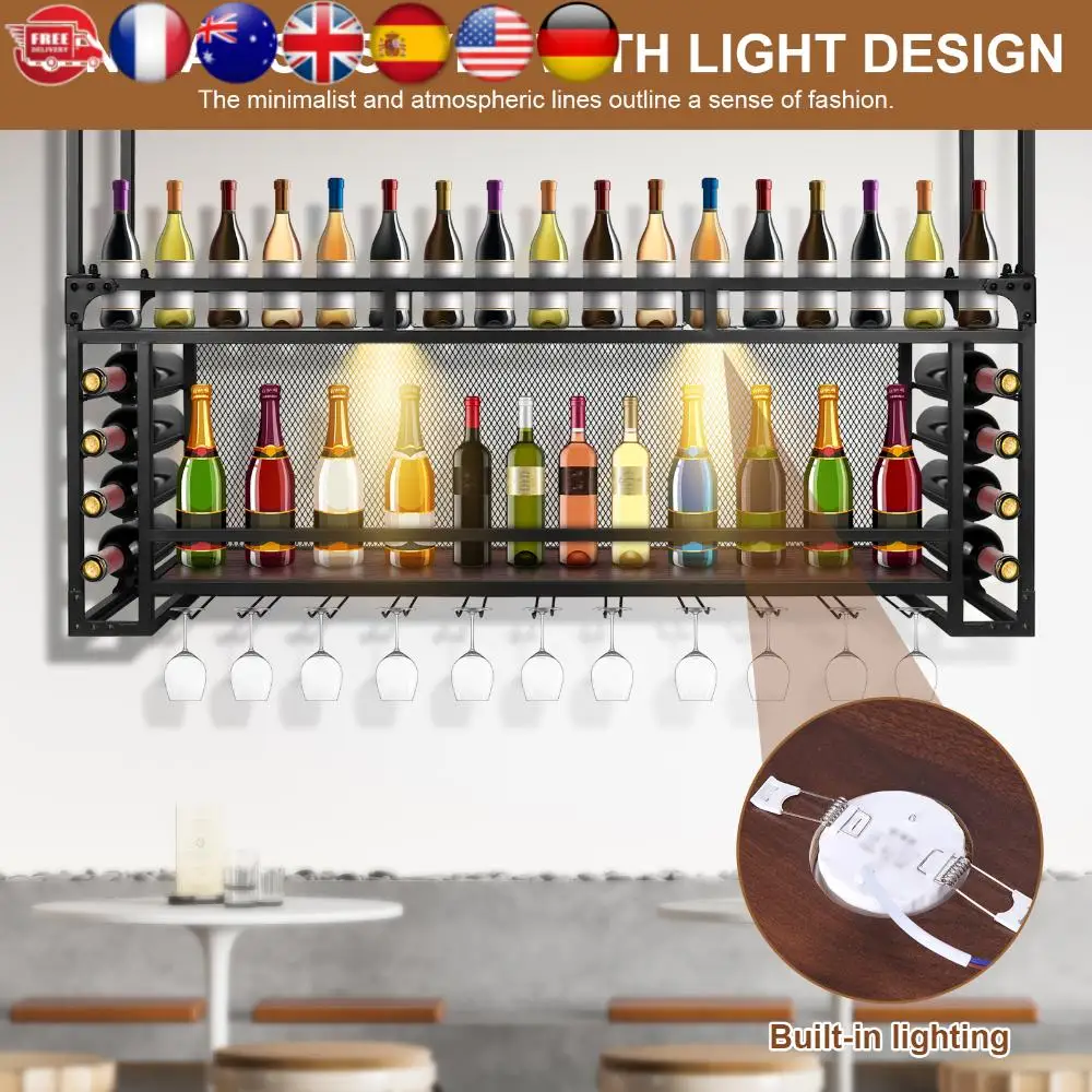 

Настенная 2-уровневая полка для винных бутылок 59.06x21.65x11.81 дюймов, большая витрина для винных бутылок для бара, ресторана, использования внутри помещений