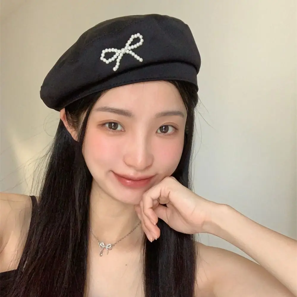 

Personality Pearl Bow Beret Solid Color British Style Women Octagonal Hat Artist Hat Korean Style Painter Hat Travel