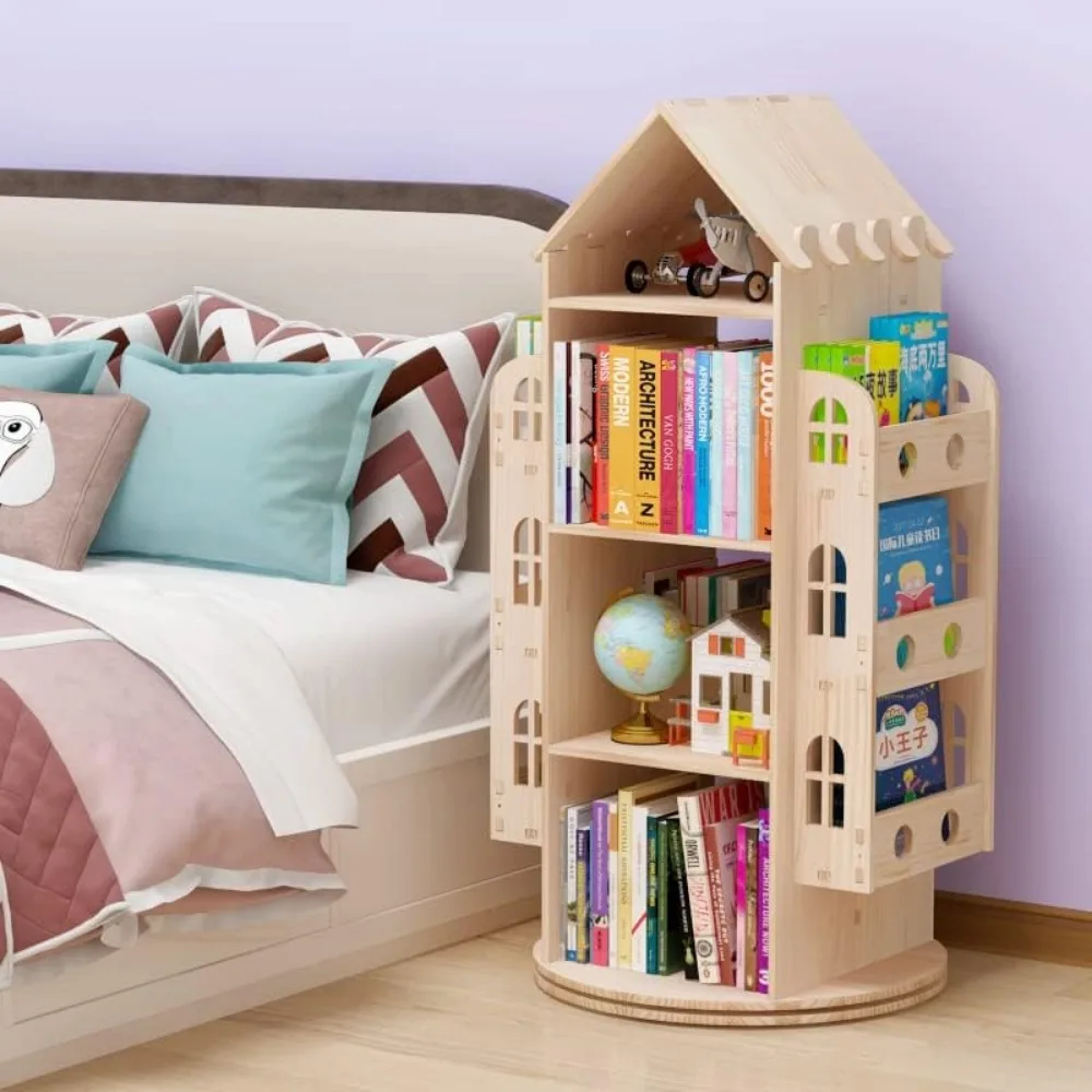 Estantería giratoria de 4 niveles para niños y adultos, estante de almacenamiento para libros, de madera, 360