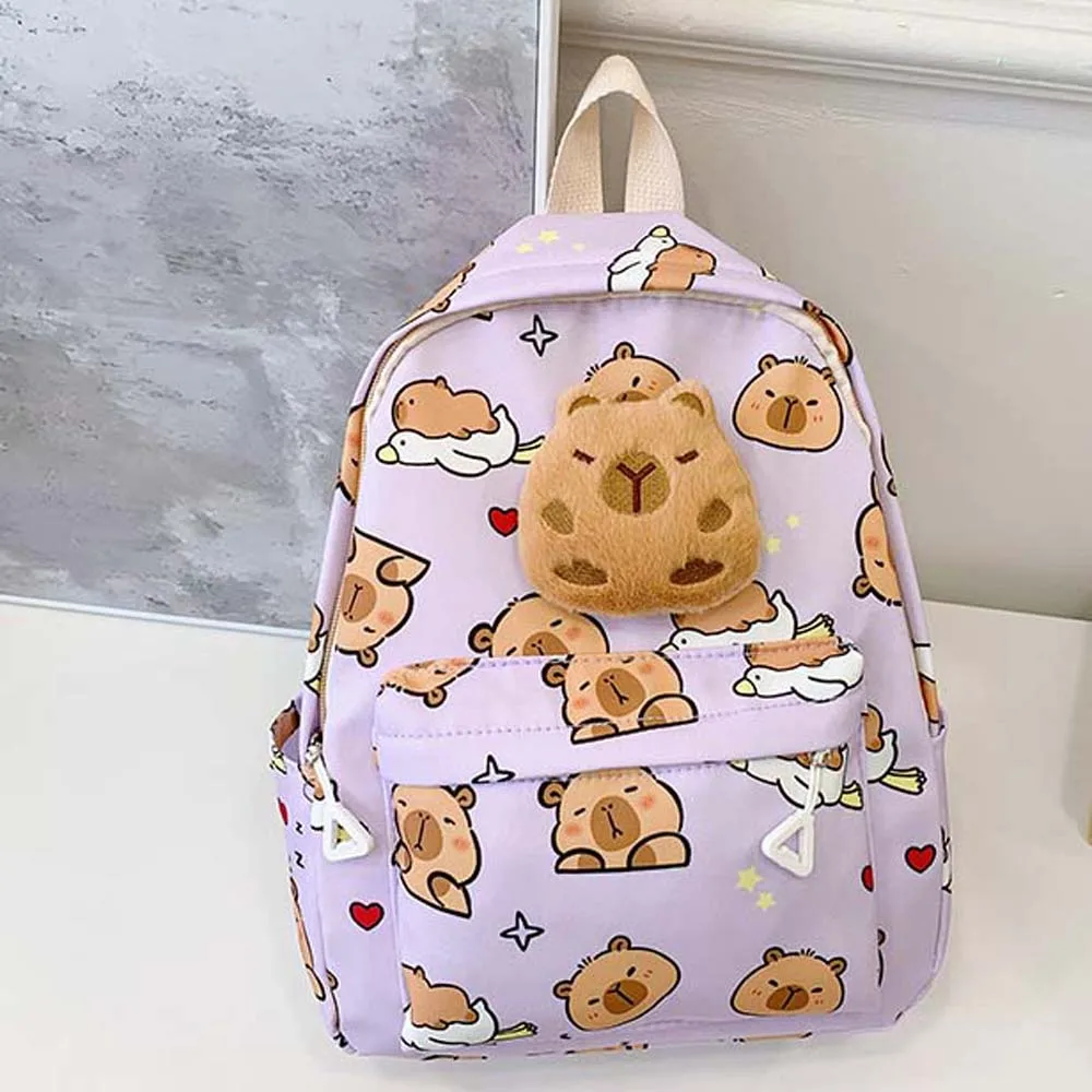 Cute Thickened Capybara Backpack Wide Straps Nylon Cartoon Animal Daypack Multi Functional Lightweight Plush Doll Ornament Gifts