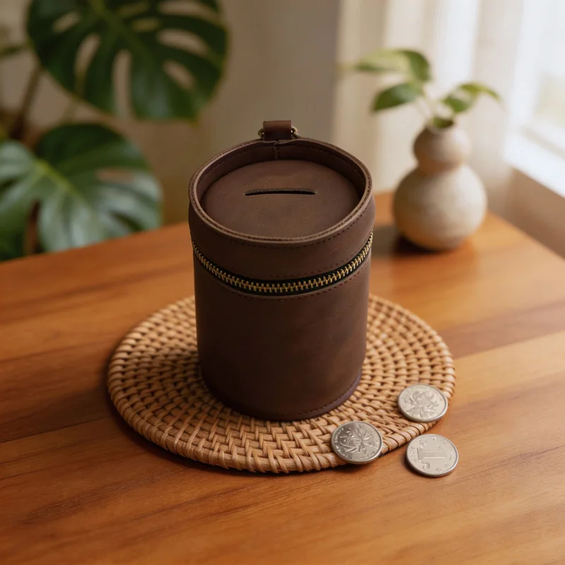 Retro Leather Cylinder Money Box with Zipper Coin Storage Savings Jar Desktop Coin Currency Organizer Box