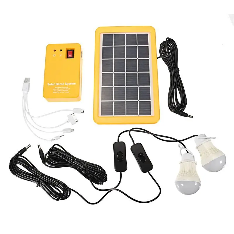 Emergency Light Kit Solar Generator 4 Heads USB Charger Cable + 2 LED Light Bulb for Outdoor Camping Solar Light