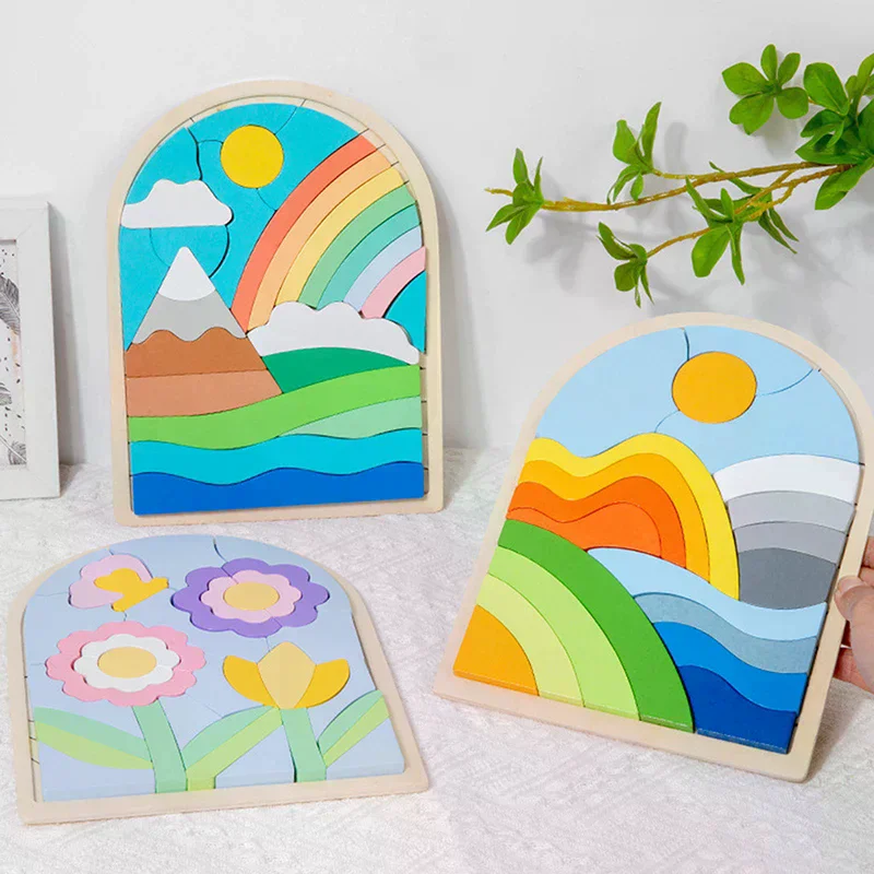 บล็อกไม้รูปทรงสายรุ้ง ปริศนาไม้รูปทรงและสีสันแปลกตา ของเล่นเสริมพัฒนาการด้านการเรียนรู้สำหรับเด็กเล็ก