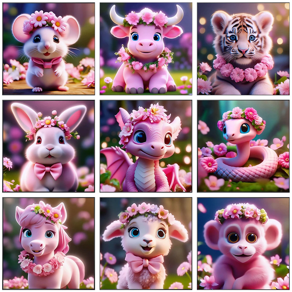 Chinese 12 Zodiac Design Diamond Painting DIY 5D Pink Animals Flower Tiger Pig Full Drills Mosaic Kits Embroidery Cross Stitch