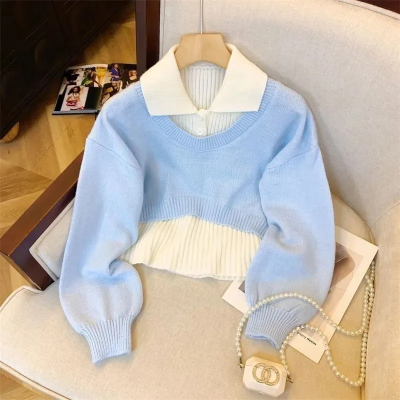 College style women's short POLO neck sweater 2026 autumn winter explosions pullover high waist two-piece Female knitwear top