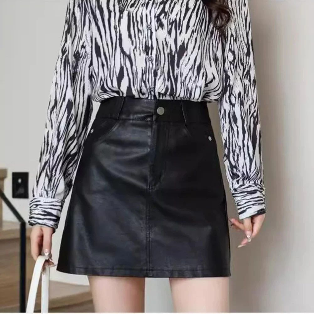 Women Spring Skirt Pu Leather Skirt Regular Length Slight Stretch Solid Pattern Multi-Season Wear Women Hip Hugging Black Skirt