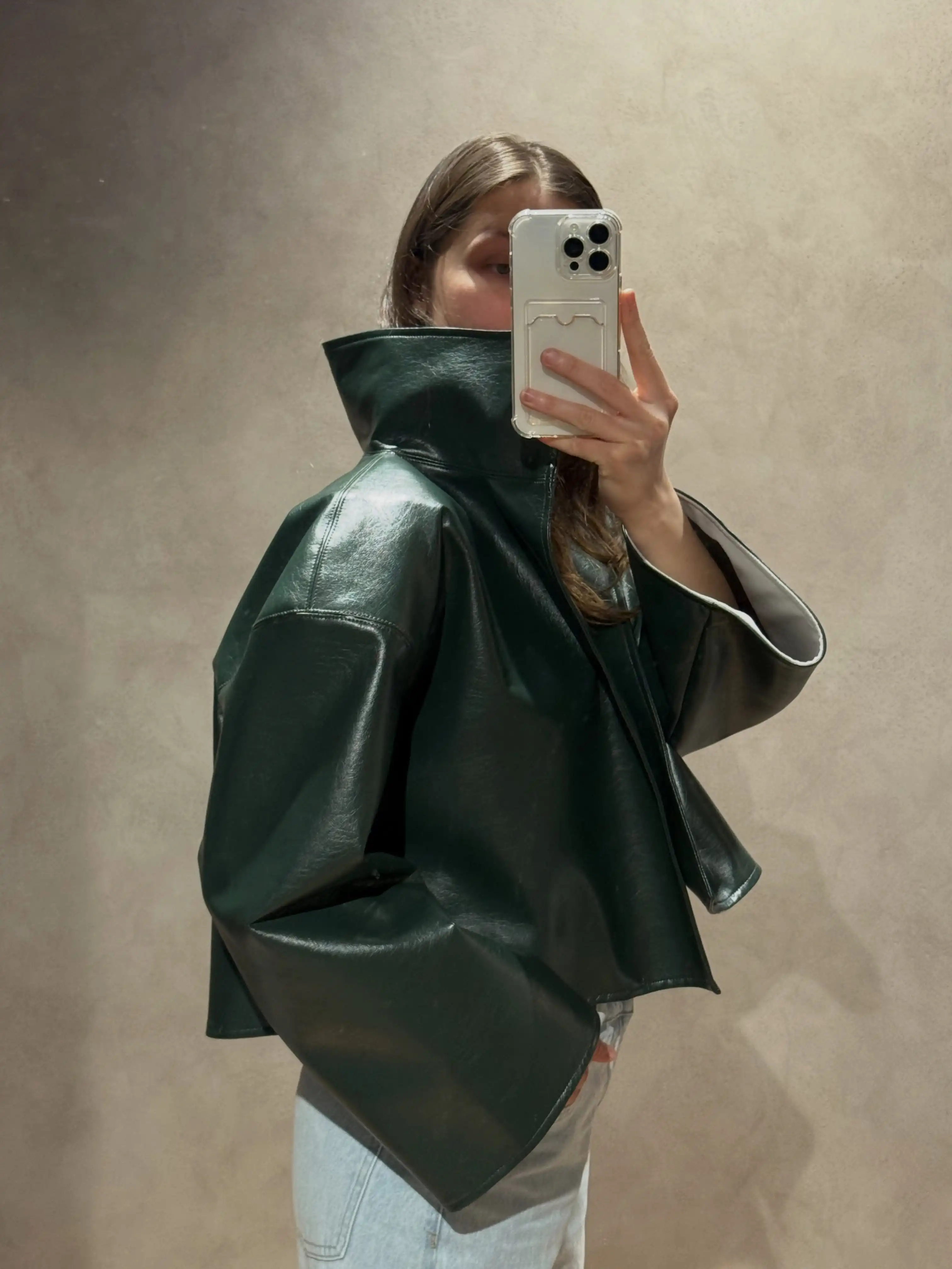 Beige Croc Leather Cropped Jacket Y2k Stand Collar Long Sleeve Wide Cuff Oversize Coat 2026 Autumn Street Daily Casual Outerwear