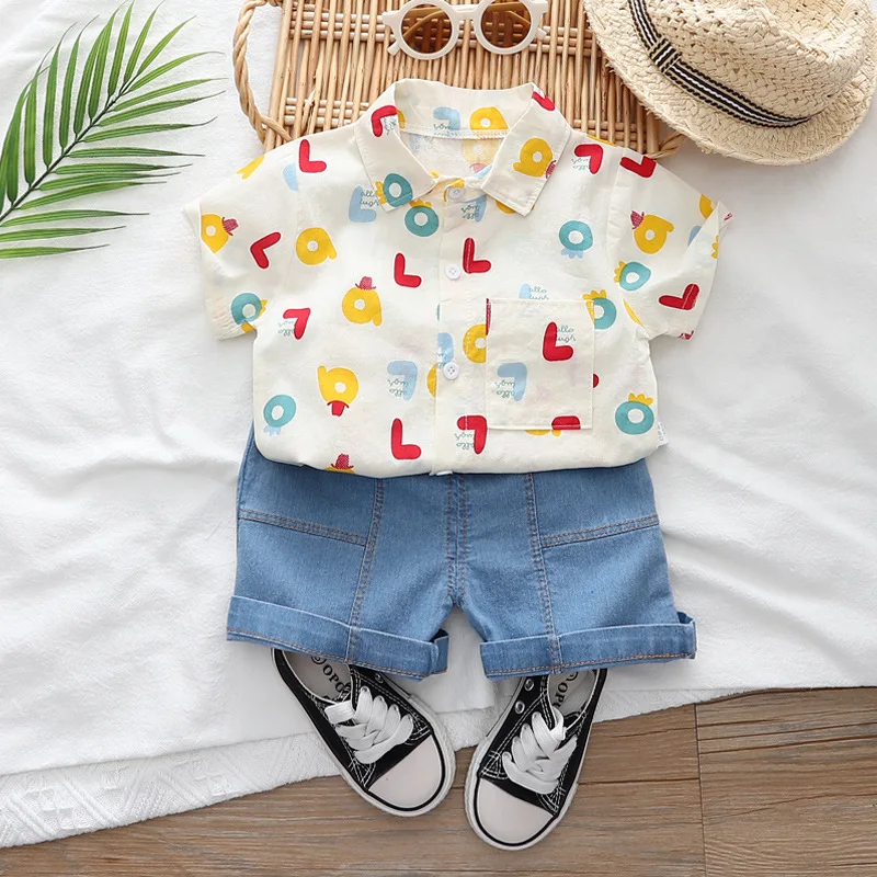 

Cute Baby Boys' Clothing Summer Set New Cartoon Printed Short Sleeve Shirt+Pants Suitable for 1, 2, 3, 4 Year Kid Toddler Outfit