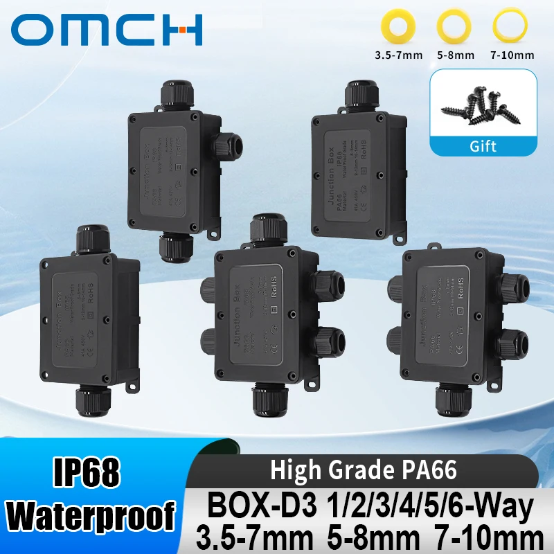 OMCH BOX-D3 IP68 Junction Box 1-6Way Connector 450V 41A 3-Gaskets 5-9mm 9-12mm 10-14mm Entry Cable Enclosure with Terminal Block