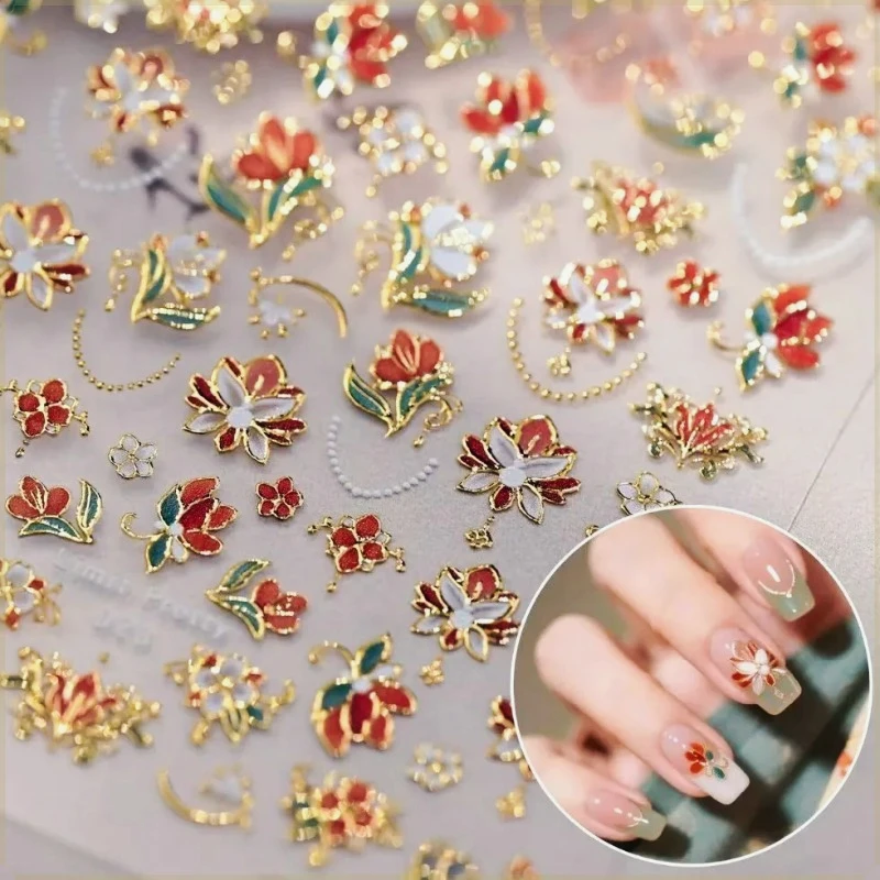 3D Chinese-style elegant floral cluster nail stickers, French floral relief