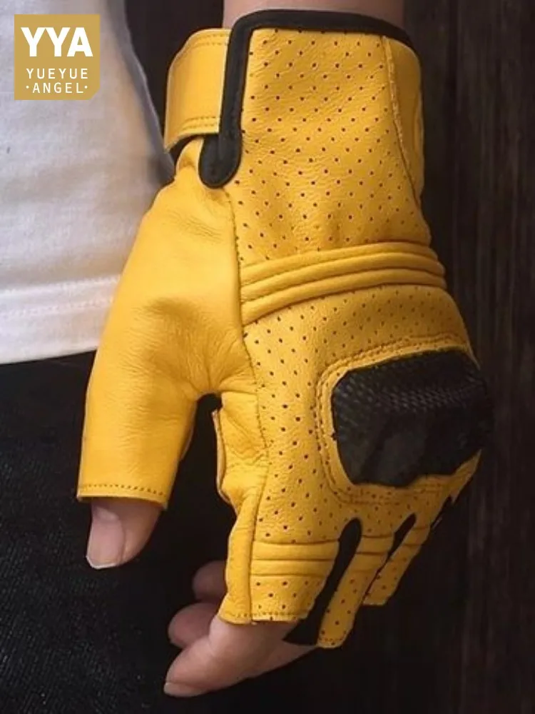 Mens Spring Summer Spliced Genuine Leather Motorcycle Driving Gloves Goatskin Half Fingerless Fitness Breathable Glove