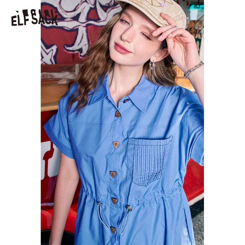 2024 Summer ELFSACK New Arrivals Blue printed small waist slimming gentle style work dress for women