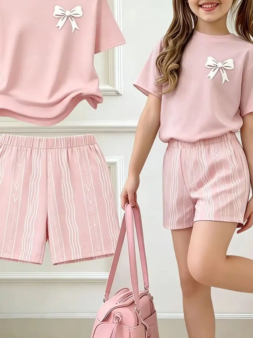 Mädchen-Set mit kurzärmeligem T-Shirt und Shorts mit Schleifenmuster, Frühling und Sommer, Back-to-School-Outfit, Y2K-Hippie-Kinder, weiche, lässige Alltagskleidung – Detail 8