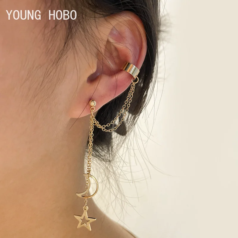 YOUNG HOBO New Gold Color Leaves Ear Cuff Black Non-Piercing Ear Clip Earrings for Women Men Fake Cartilage Earring Cuff Jewelry