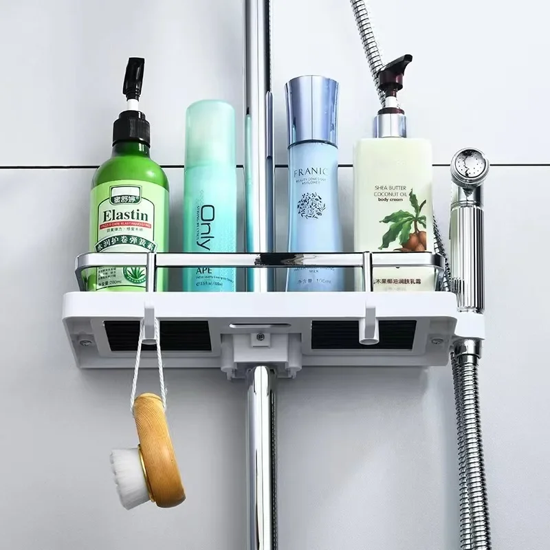 Bathroom Shower Storage Rack Organizer No Drilling Lifting Rod Shower Head Holder Shower Gel Shampoo Tray Holder Pole Shelves