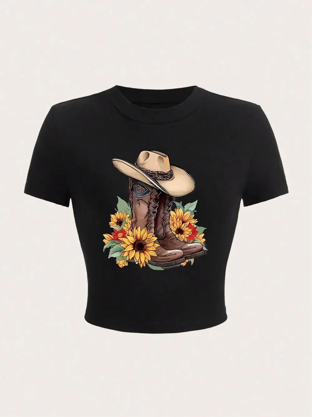 Summer Women Crop T-Shirt Cowboy Riding Boots & Sunflowers Printing Short Sleeve High Elastic Soft O-Neck Tees Female Clothes