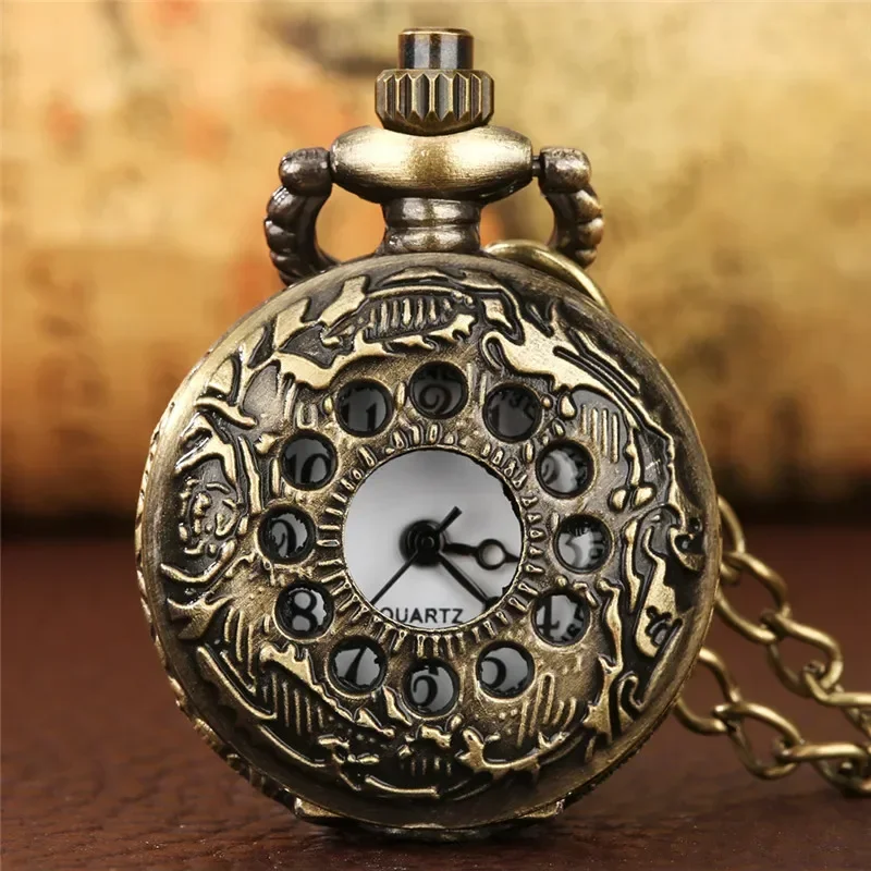 

Bronze Hollow Out Case Men Women Quartz Analog Pocket Watch with Sweater Chain Arabic Number Dial Clock Half Hunter Timepiece