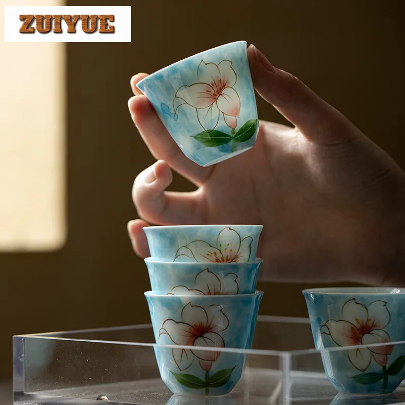 2pc/lot Hand-painted Lily Tea Cup Japanese Master Cup Luxury Set of Cups Fragrance Cup Tea Bowl Kung Fu Tea Craft Gifts 45ml