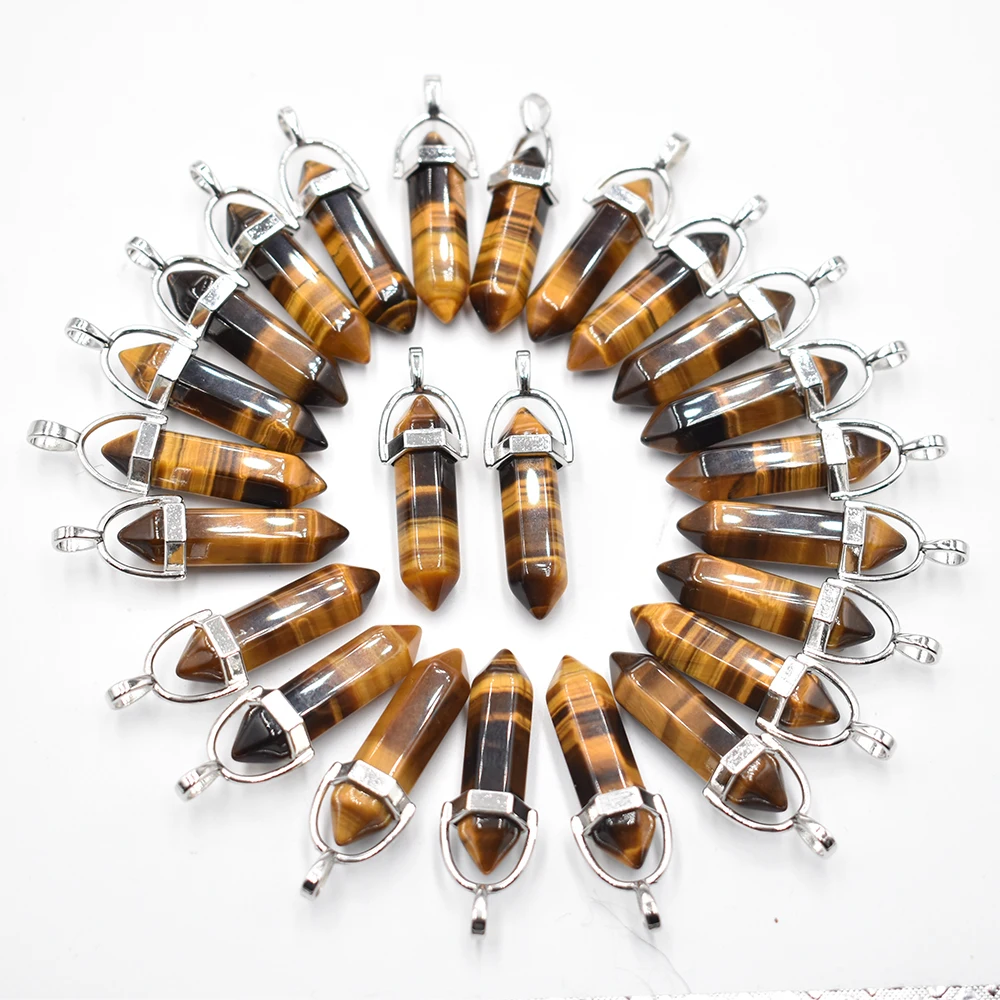 Wholesale 24 50 100pcs/lot natural tiger eye stone pillar shape point Chakra charms pendant for jewelry making free