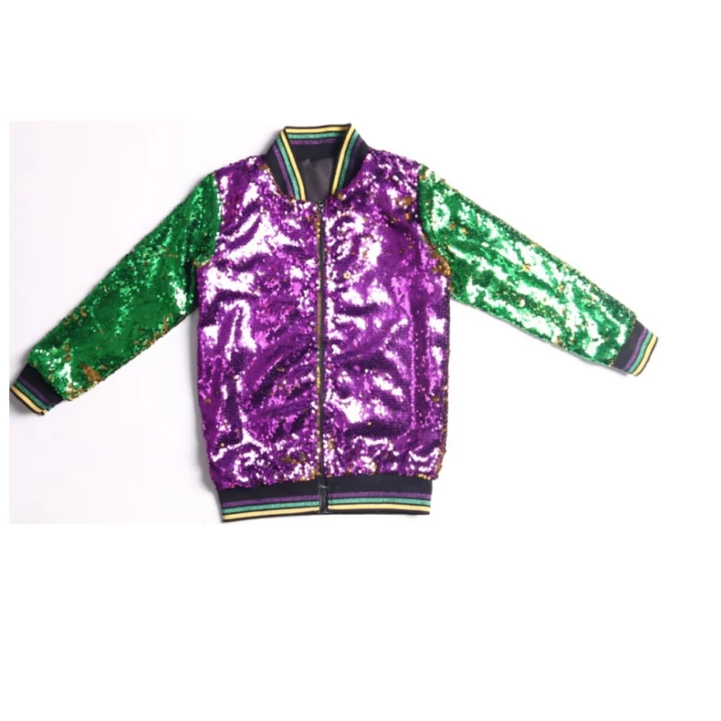 Hot Sale Mummy and Me green&purple &gold outfit new orleans zipper coat Lady women mardi gras Reversible sequin jacket