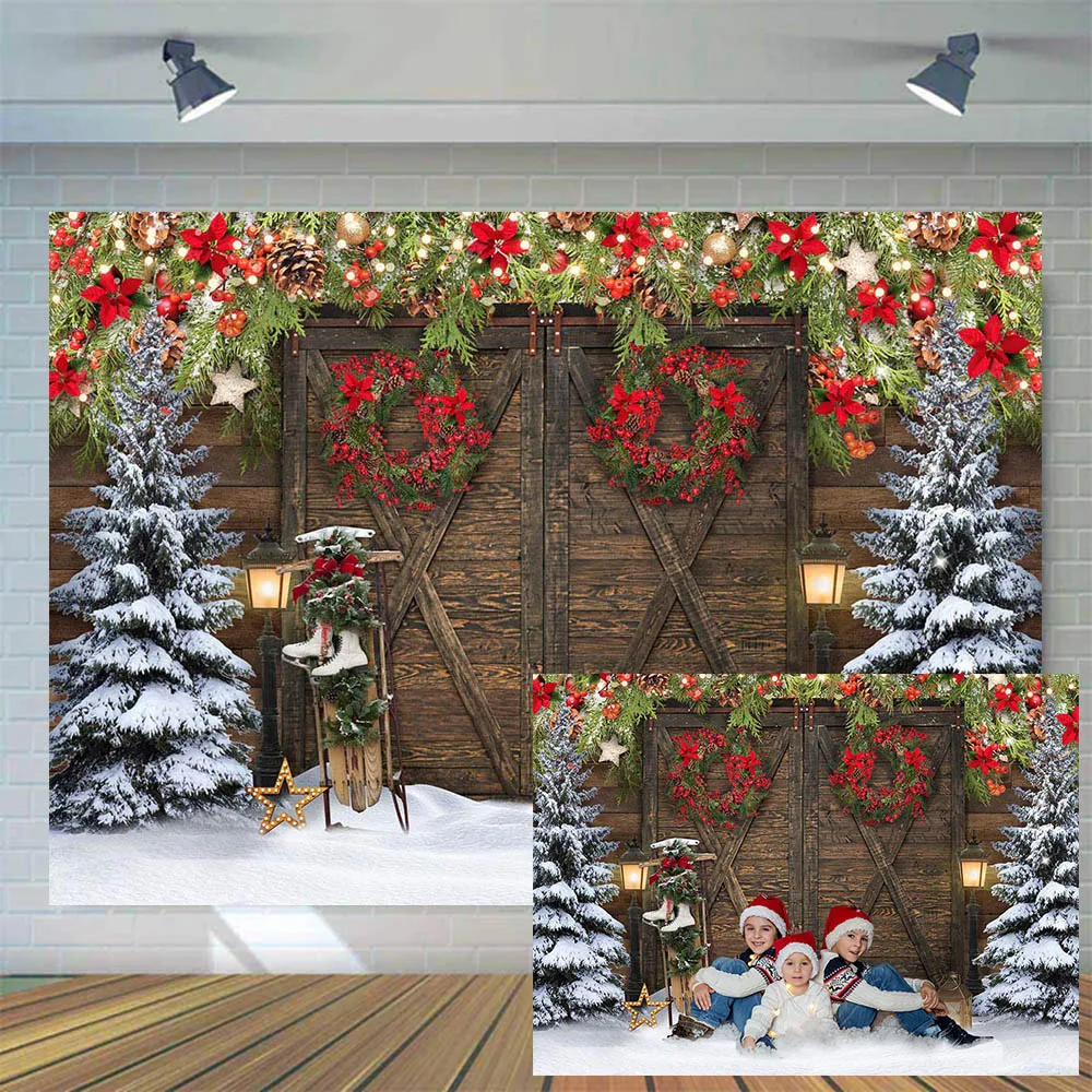 

Mocsicka Vintage Wooden Door Christmas Wreath Girl Snowfield Portrait Photo Background Winter Snow Xmas Backdrop for Photography