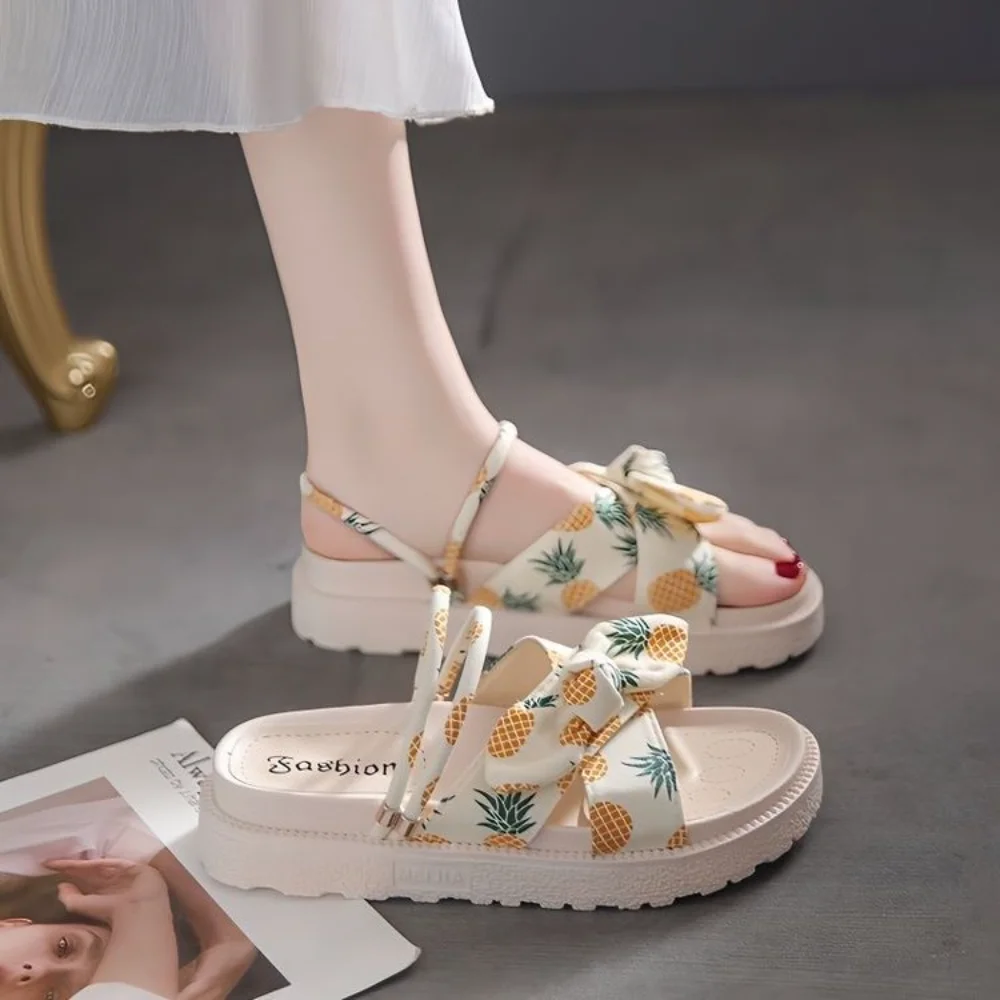 Women's Pineapple Print Bow Platform Sandals, Ankle Strap Open Toe Shoes for Summer Beach Casual Wea