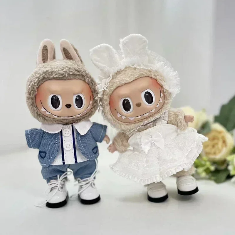Per 17 cm labubu bambola vestito vestiti orso etichetta cappello amore maglione set decorazione carina piccoli vestiti