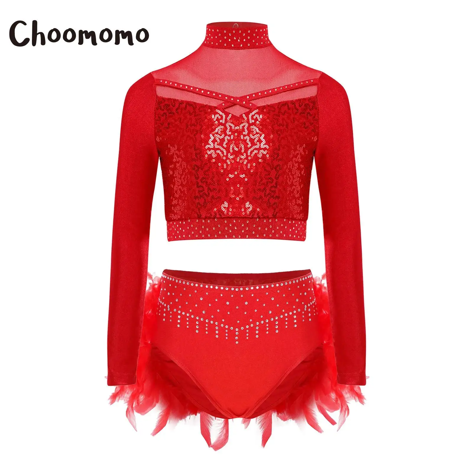 

Kids Girls Ballet Dance Outfits Rhinestones Gymnastics Long Sleeve Sheer Mesh Sequin Crop Top with Feather Dance Skirt Bottoms