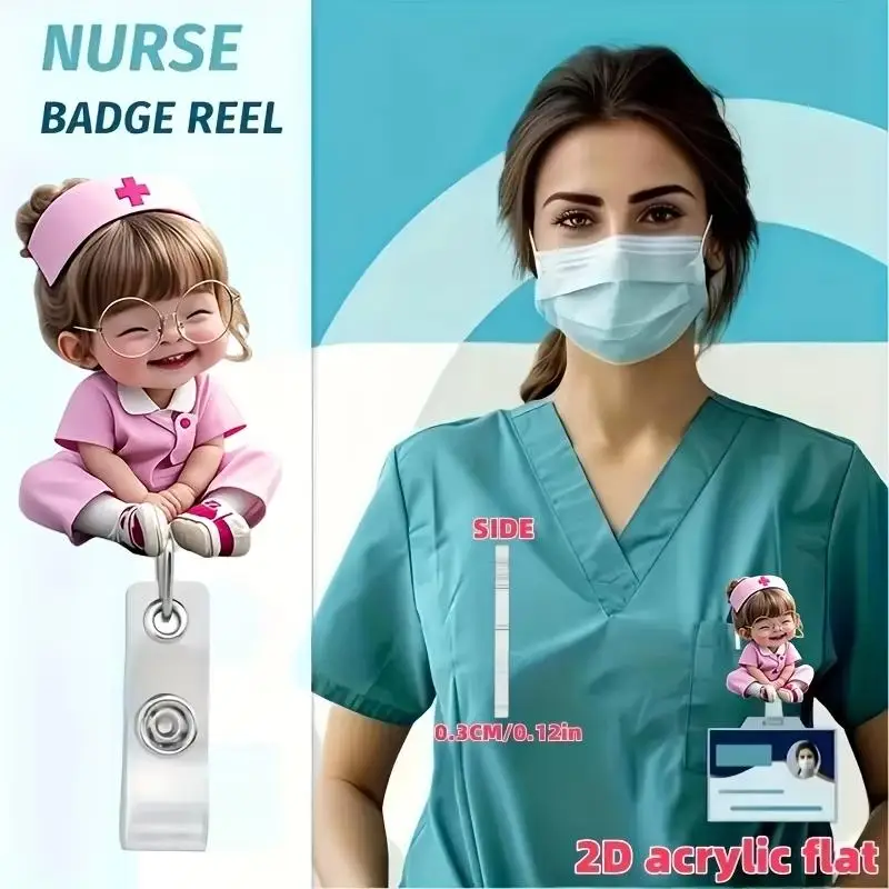 1Pcs Retractable Drawstring 2D Flat Acrylic Nurse ID Clip Cute Nurse Girl With Glasses Pattern Badge Scroll Holder