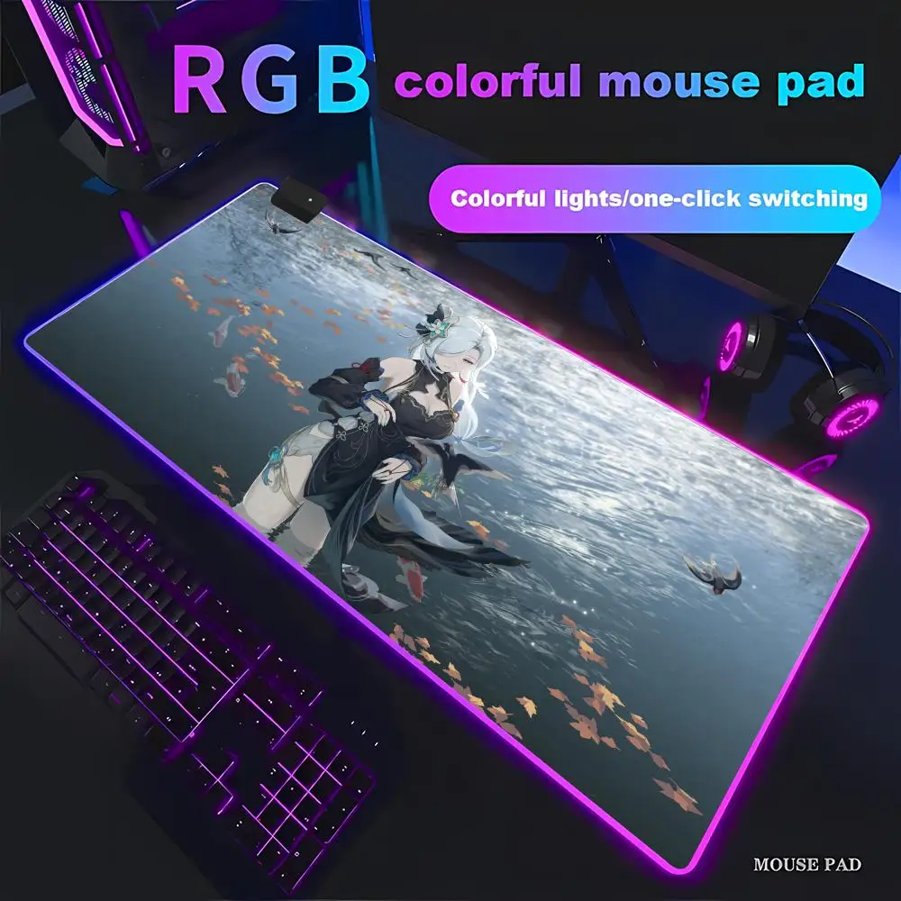 

Genshin Shenhe Animation Games Beautiful RGB Gaming Mouse Pad HD Gamer Large LED Light XXL MousePads PC Computer pad Nonslip
