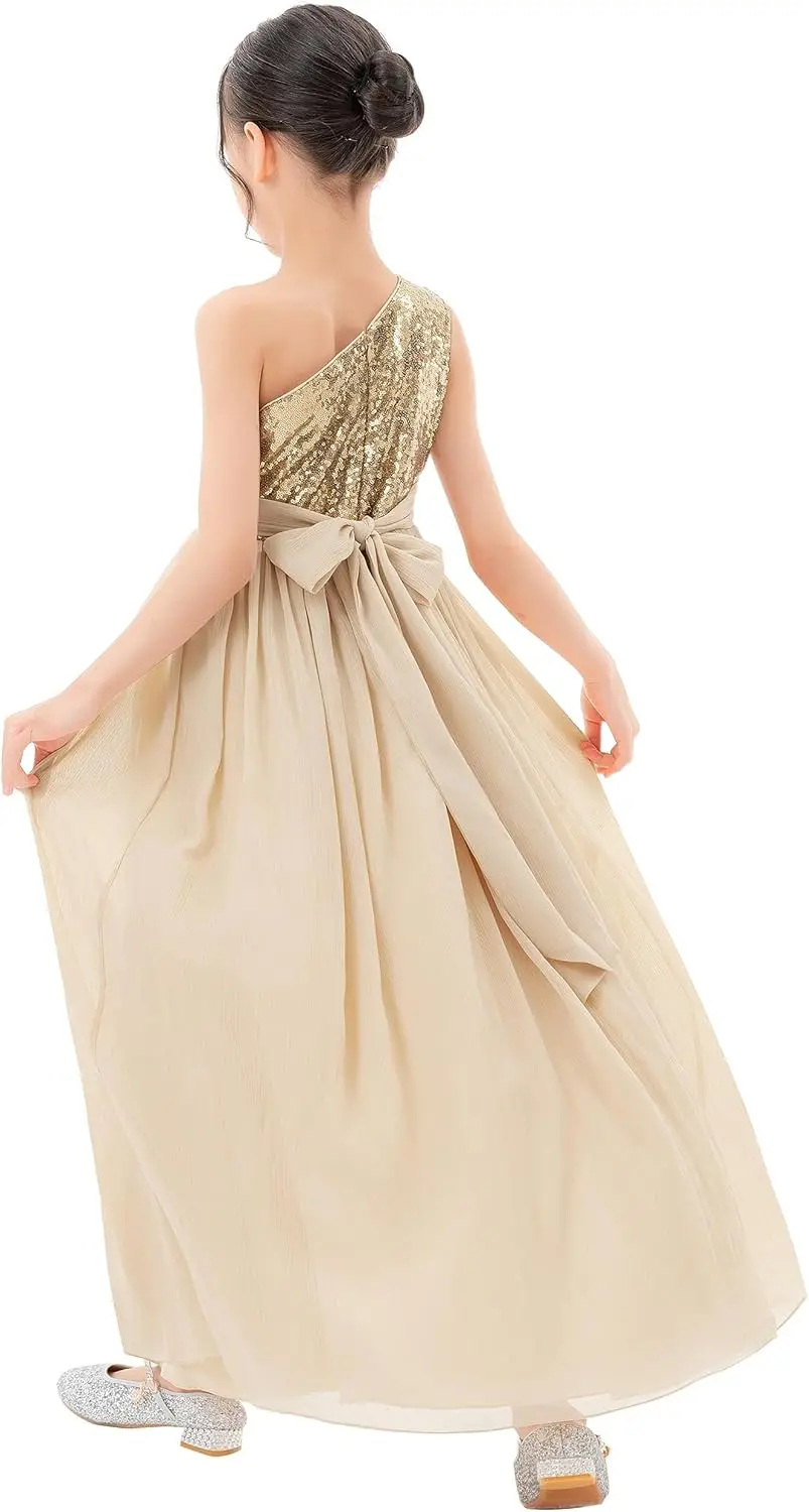 Ekidsbridal One-Shoulder-Blumenmädchenkleider aus Chiffon mit Pailletten, besondere Festzugskleider für Mädchen