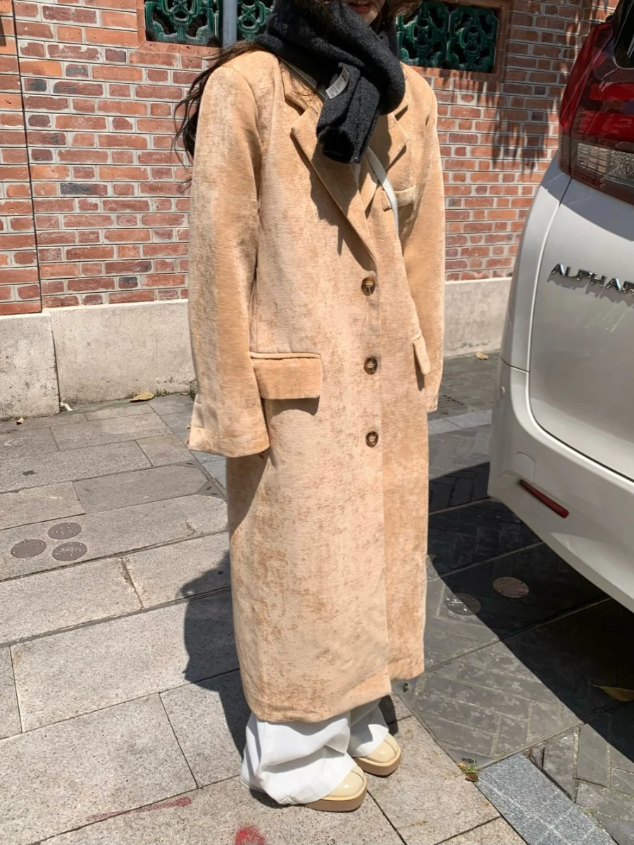 

Длинное шерстяное пальто ниже колена на одной пуговице, свободного кроя, с отложным воротником, зимняя верхняя одежда для женщин, повседневный стиль, корейский стиль...