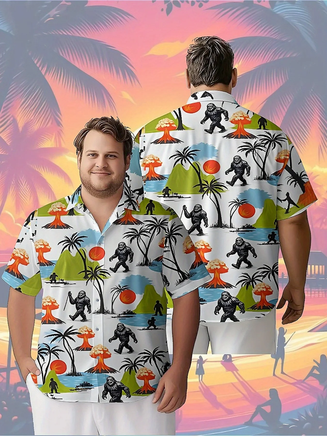 

Men's Plus Size Hawaiian ShirtsSasquatch and Buspattern, Unisex Aloha Shirts,New in Summer Tops Tee,streetwear