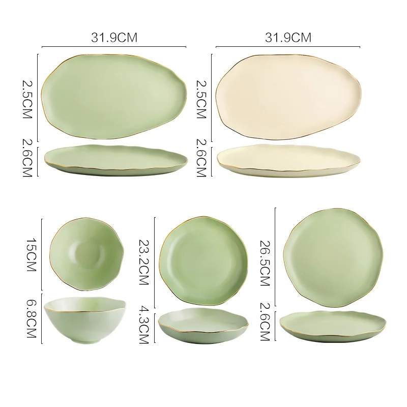 Light Luxury Nordic Phnom Penh Green Rice White Tableware, Ceramic Kitchen Supplies, Rice Soup Bowl, Salad Dessert Plate, 1Pc