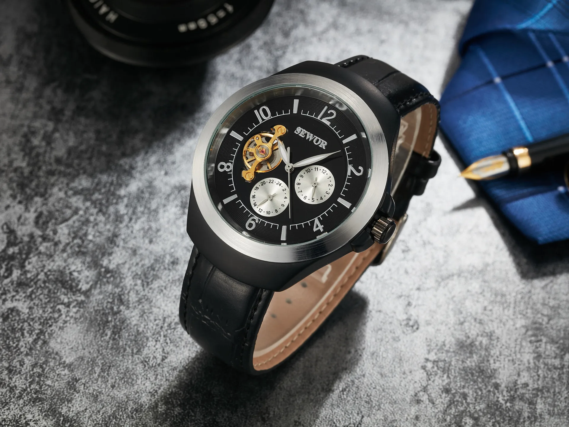 Stainless Steel Tourbillon Waterproof Genuine Leather Strap Self-Wind Automatic Mechanical Watch for Men