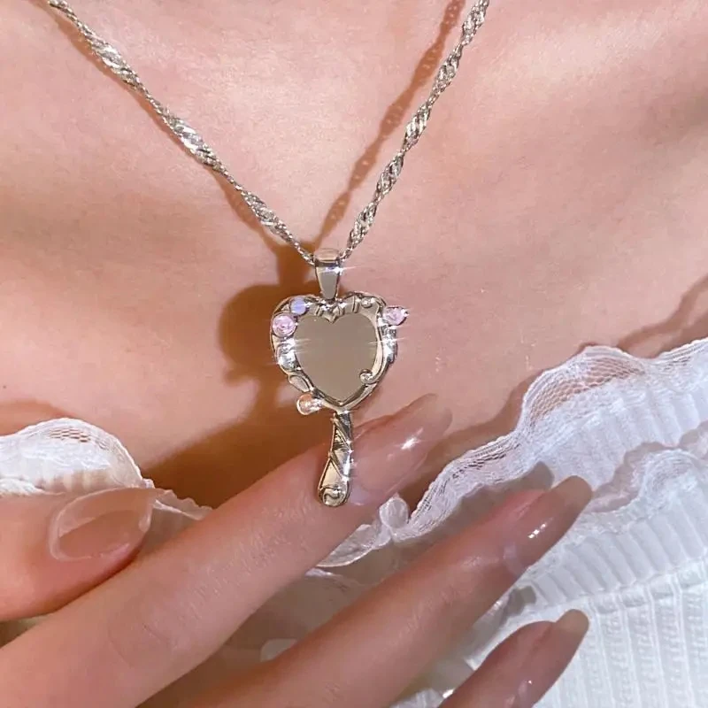 Ins Hot Y2K Barbie Heart Necklace for Women Girls Cute Mirror Photo Frame Locket Necklaces Collar Jewelry Couple Gift