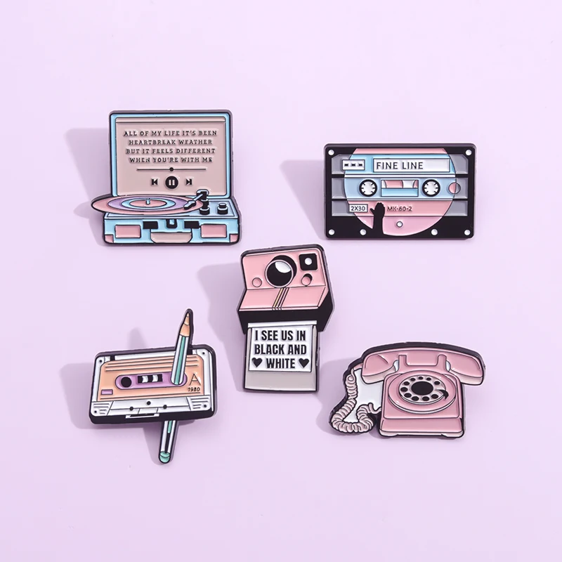 Pink Telephone Enamel Pins Retro Cartoon Music Tape Player Camera Brooch Trendy Classic Cute Lapel Jewelry Gift For Kids Friends